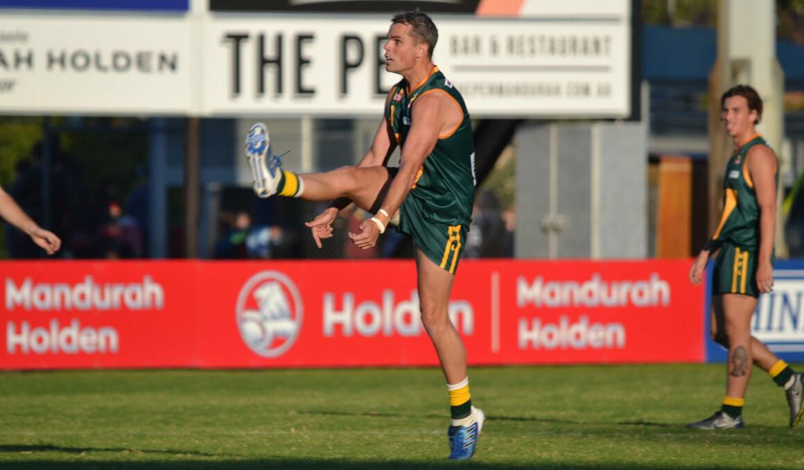 Shot on goal: Former AFL player Brett Peake led a revival of the South West side in the second half but his team were still just short of Peel at the final siren. Photo: Andrew Elstermann.