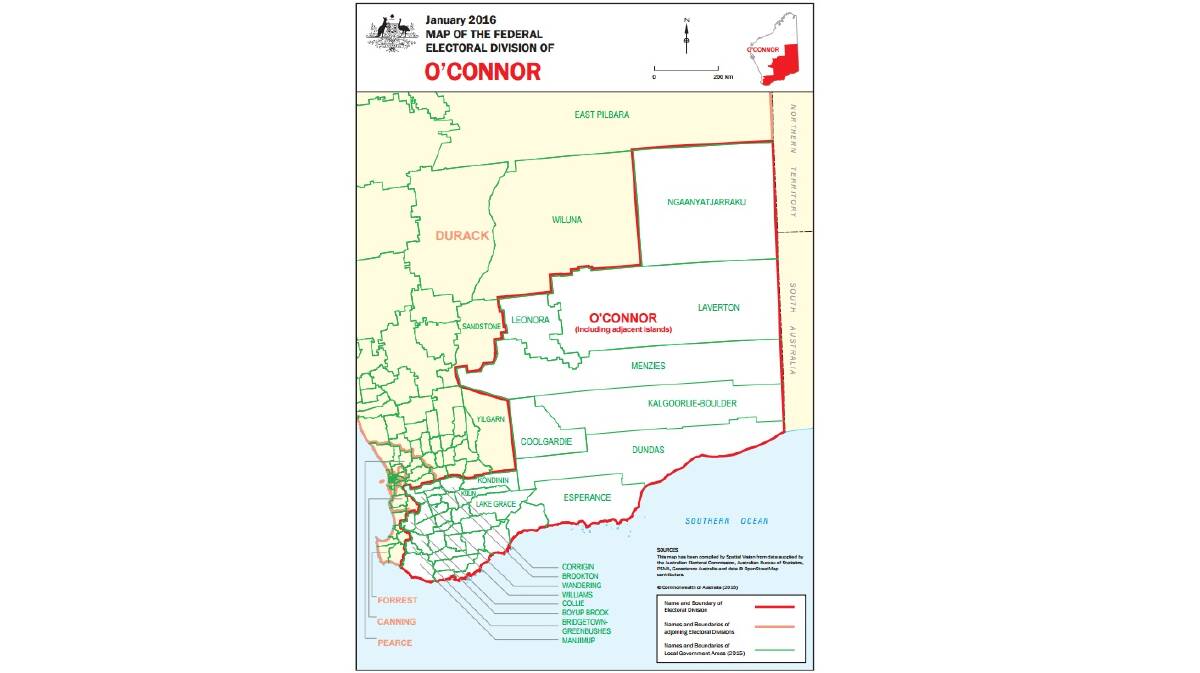 The federal seat of O'Connor map from January 2016, courtesy of the Australian Electoral Commission.
