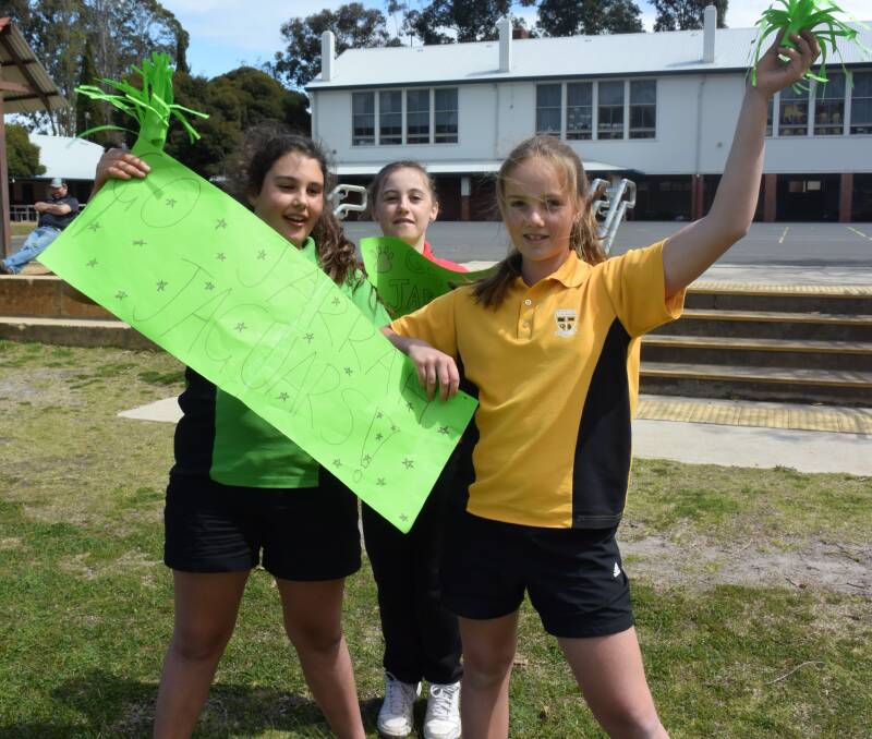 In celebration: Aisha Coverley, Amelia McIntosh-Howells and Zoey Bury made streamers and signs for Amaroo's football event. 
