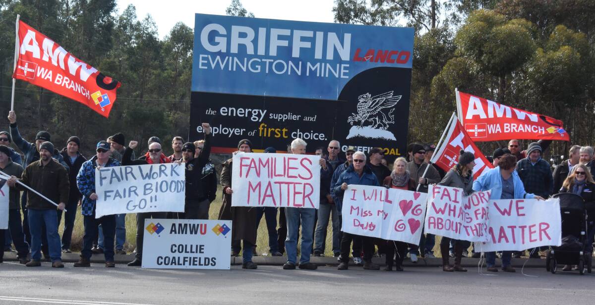 United front: Griffin employees and community members protest in front of the Griffin Coal mine site in Collie. 