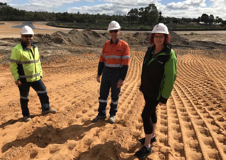 Close to the finish line: Coalcliff site supervisor Steve Lilly, Premier Coal Projects engineer Darryn O’Brien and Collie Motorplex manager Anna Farrell looking over changes at the facility. 