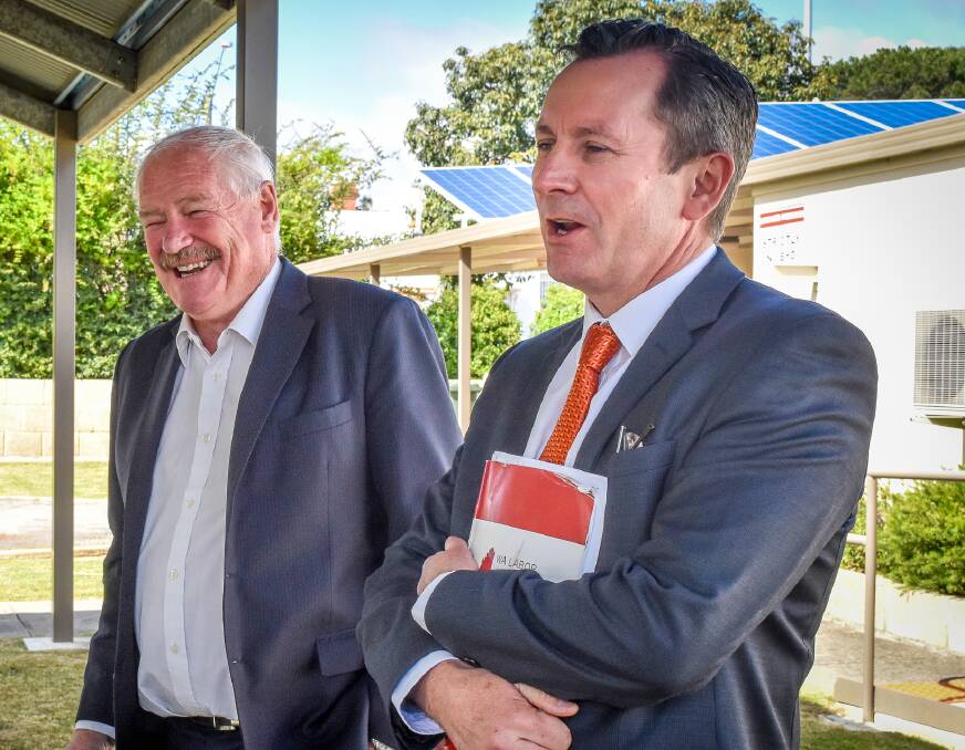 Campaign trail: Mark McGowan and Mick Murray addressing Shadow Cabinet in Collie this morning. Photo: Jeremy Hedley. 