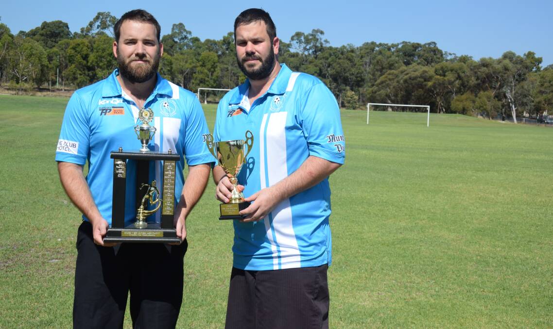 Kicking goals: Collie Power Soccer Club president Shane Cole and vice president Rhett Sutherland aim to continue the club's victorious run in the 2017 season. Photo: Thomas Munday.  
