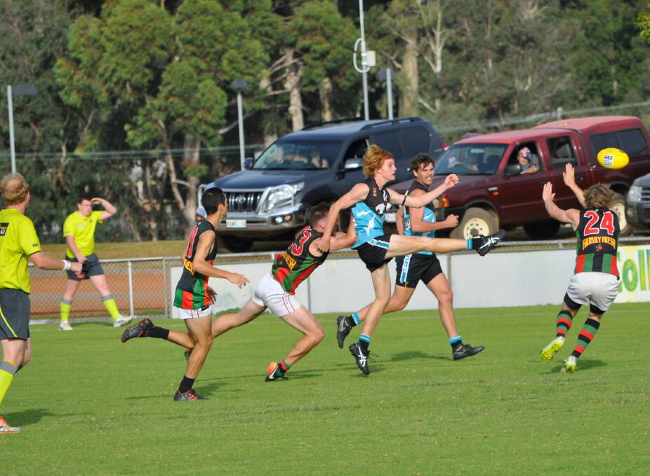 Kicking goals: Collie Eagles Football Club league player Jack Davidson in their forward 50 on Saturday afternoon. The team now sits second on the SWFL ladder. Picture: Thomas Munday. 