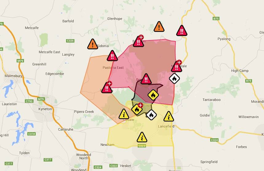 The warning areas as of 1.30pm. Source: CFA