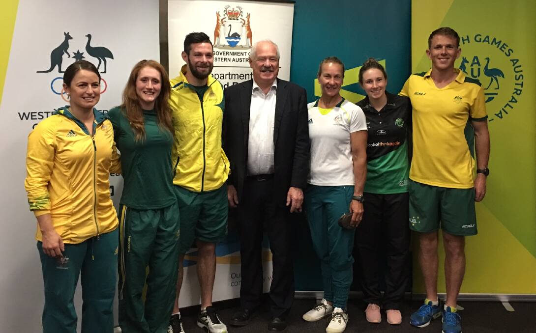 Sports Minister and Collie-Preston MLA Mick Murray with athletes Jayde Taylor, Olivia Vivian, Trent Mitton, Belinda Stowell, Ingrid Colyer and Brad Scott.