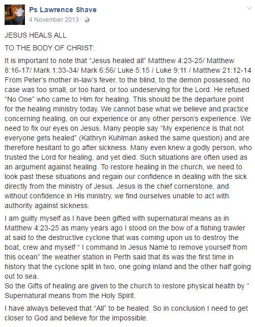 A post from Lawrence Shave's Facebook page, on which he calls himself "Pastor Lawrence Shave", detailing his Chrisitan faith.