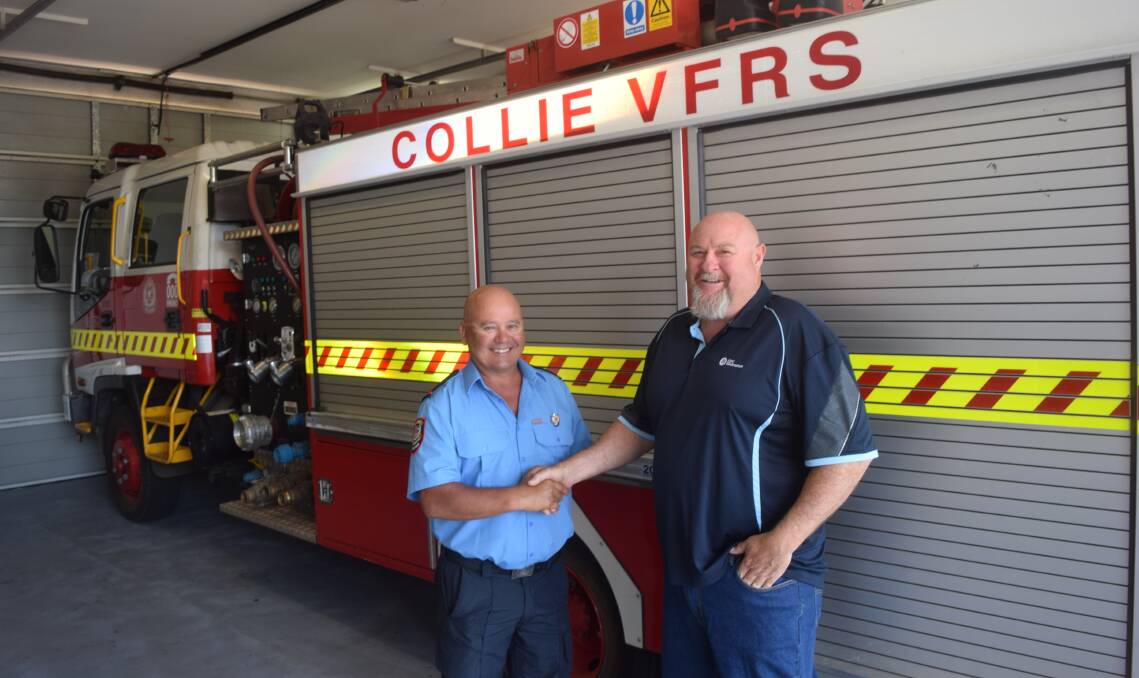 Collie Volunteer Fire and Rescue Service apparatus officer Pusky Crescenzi and Arc Infrastructure's Shane Murray welcome the funding boost. Photo by Ashley Bolt.