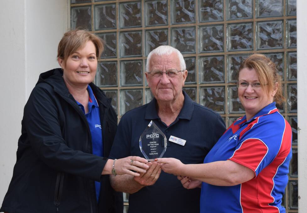 Best in WA: PCYC Case Manager Ren Crowe with PCYC Advisory Committee chair Geoff Wilks and PCYC Centre Manager Linda Gallagher with their Regional Centre of the Year Award. Photo: Shannon Wood. 