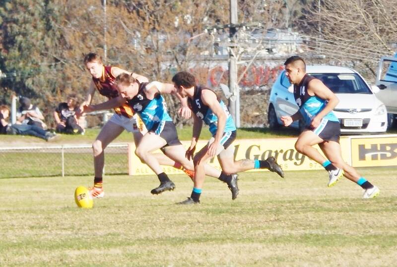 Collie Eagles League players Travis Cleggett (9), Kyle Shanahan (5) and Clinton Garlett (14) played well in the side's lost to Harvey Brunswick Leschenault last weekend. 