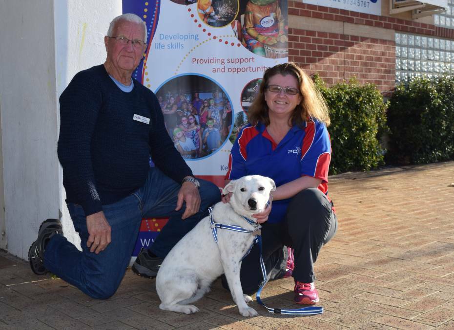 Nominated: Collie PCYC Advisory Committee chair Geoff Wilks with Collie PCYC manager Linda Gallagher and Nellie the centre dog. Photo: Shannon Wood. 