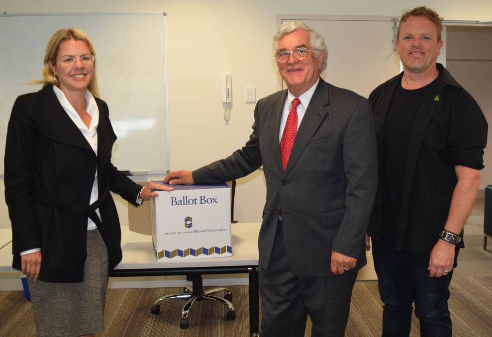 Candidates for the electorate of Vasse Libby Mettam, Wes Hartley and Luke O' Connell at the ballot draw held this morning at the Busselton Resource Centre. Photo: Ivy James 