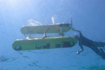 An autonomous underwater vehicle preparing to take high-res images of a coral reef. Photo: Kim Brooks/AIMS