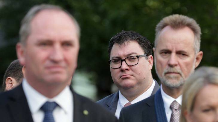 George Christensen with Deputy Prime Minister Barnaby Joyce with National MPs and Senators at Parliament House in Canberra on Thursday. Photo: Andrew Meares