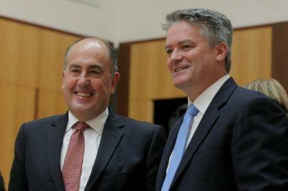 Treasury secretary John Fraser and Finance Minister Senator Mathias Cormann during a Senate  estimates on Wednesday. Photo: Alex Ellinghausen