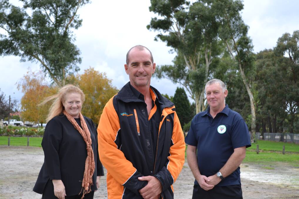 Successful tender: Collie Gallery Group chairwoman Elizabeth Lindsay, White Building Company owner Greg White and Collie Shire president Wayne Sanford gather on the site for the construction of a new art gallery in Collie.