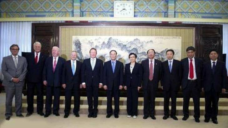The Australian delegation to the Bo'ao Forum 2012 meets their People Liberation Army hosts. It includes former Australian ambassador Geoff Raby (left), ANZ's Mike Smith (third from left), Andrew Forrest (fifth from left) with Vice-Premier Wang Qishan. The PLA's lieutenant general in charge of 'political work' is far right.