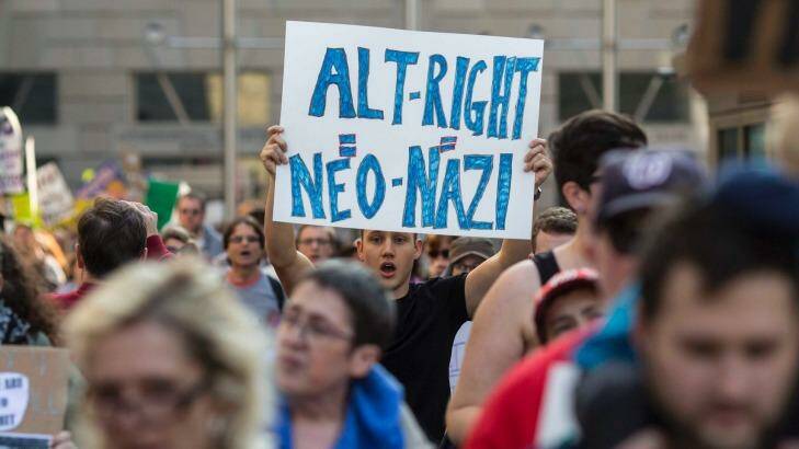 Protesters march outside a conference of the so-called alt-right in Washington. Photo: Al Drago/New York Times