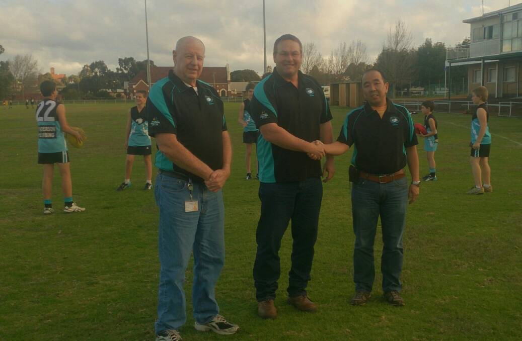 Sponsorship: Bluewaters general manager operations Paul Kirchler, Collie Eagles Junior Football Club committee Matt Hislop, Bluewaters Technical Representative Eiji Onishi.