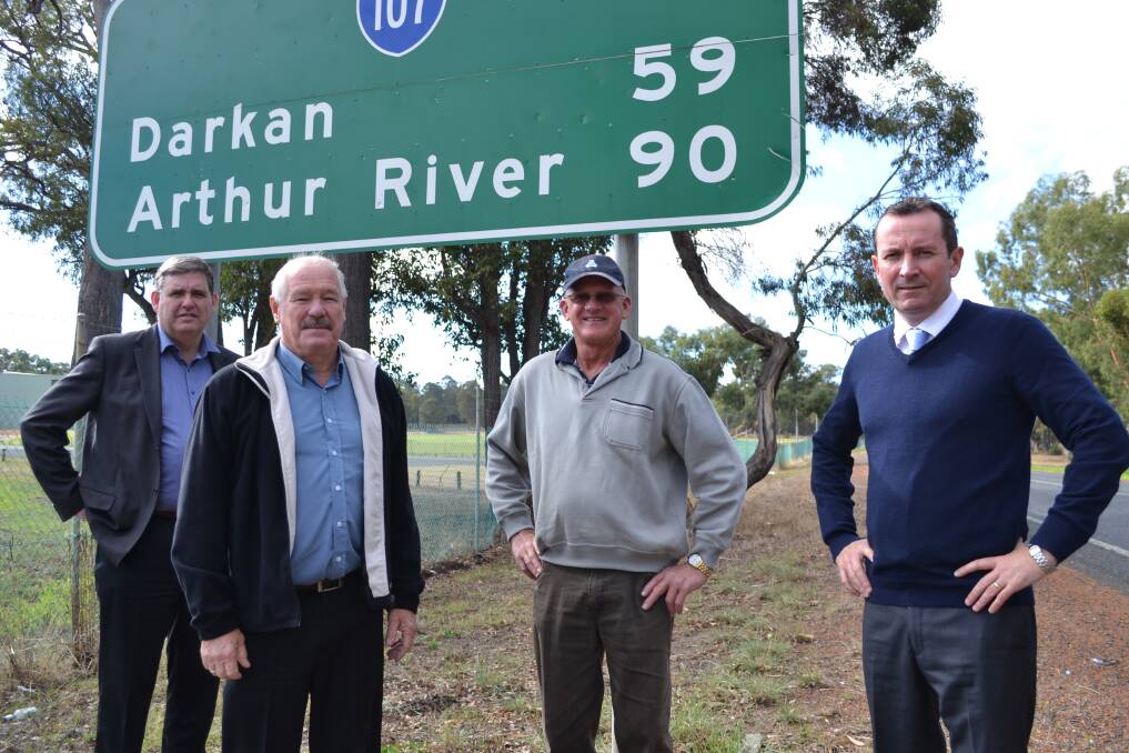 Dangerous road: Shadow Minister for Transport Ken Travers, Collie Preston MLA Mick Murray,Shire of West Arthur president Ray Harrington and Labor leader Mark McGowan stand at the side of Gibbs Road.
