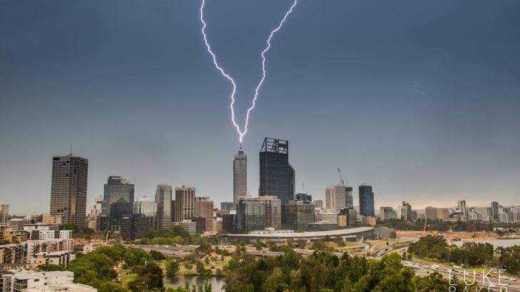 A spectacular lightning strike on Perth city. Photo: Luke Baker Photography