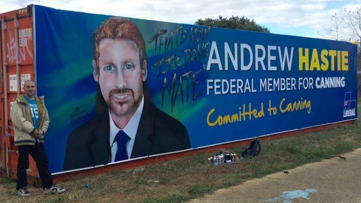 Andrew Hastie's election banner mural has been given the chop by the City of Mandurah Photo: Facebook
