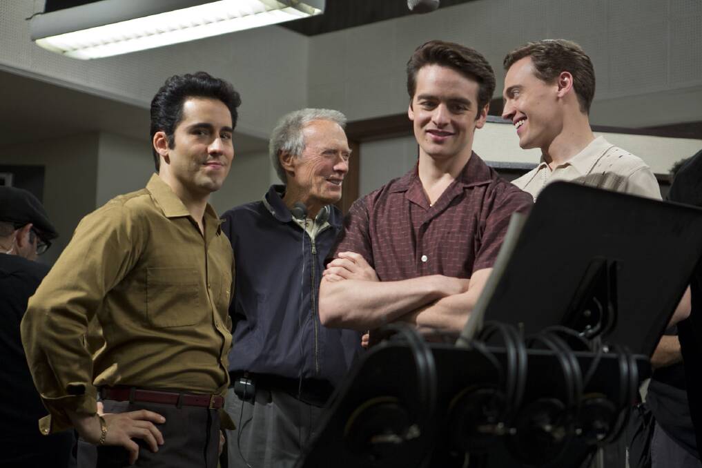John Lloyd Young, Clint Eastwood, Vincent Piazza and Erich Bergen on the set of Jersey Boys.