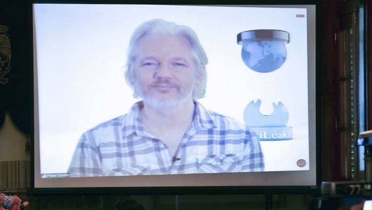 Wikileaks co-founder Julian Assange taking part in a live video conference in Mexico City earlier this month.  Photo: Ronaldo Schemidt
