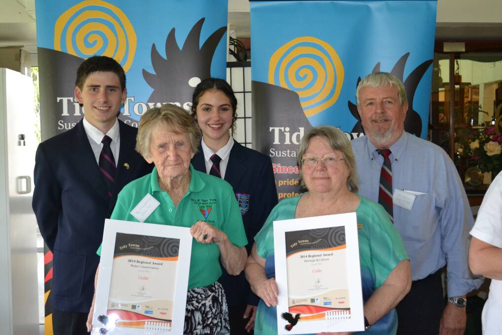 Contributors: Anzac Tour students John Dowey and Dante Gillies and Collie Heritage Group president John Vlasich with Tidy Town Commtitee members Peg Fitzpatrick and Nola Green and Collie's two category awards.