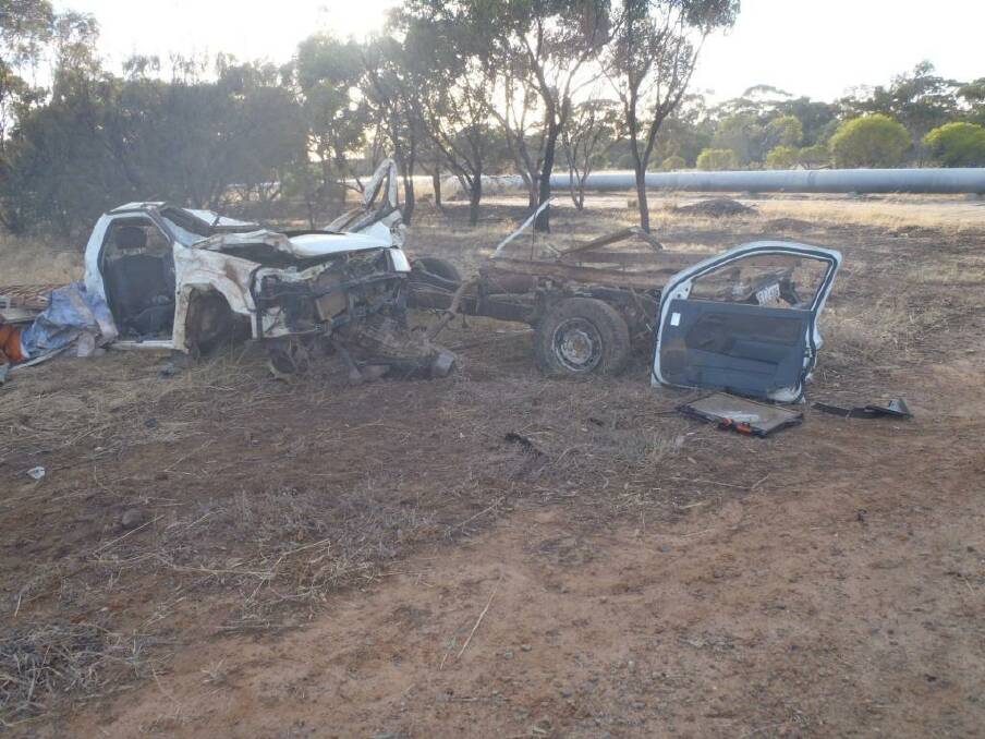 The crash tore the ute into two pieces, trapping the driver in the cab section. Photo: WA Police