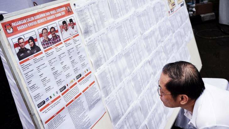 A Jakartan checks for his name at a polling station in the capital. Over 7 million voters are eligible. Photo: Jefri Tarigan