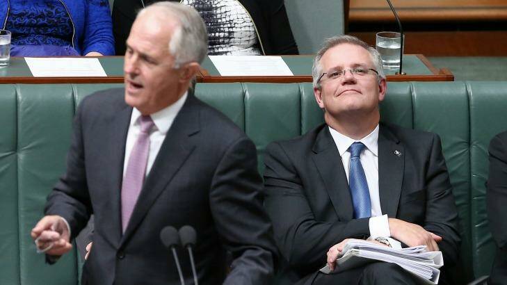 Prime Minister Malcolm Turnbull and Treasurer Scott Morrison on Monday.  Photo: Alex Ellinghausen