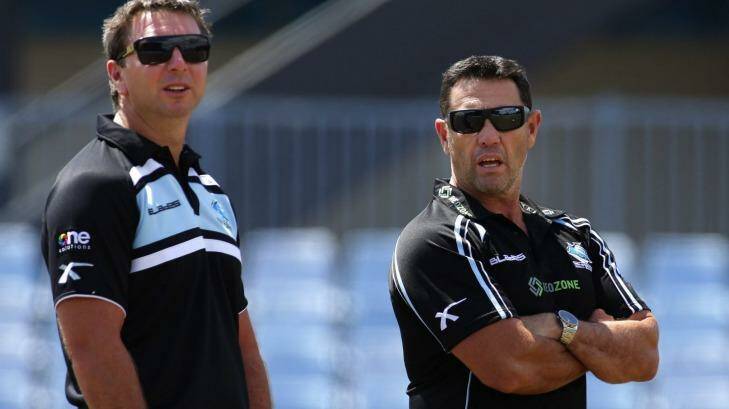 Shane Flanagan (R) with assistant coach Steve Price at Sharks training early this month. Photo: John Veage