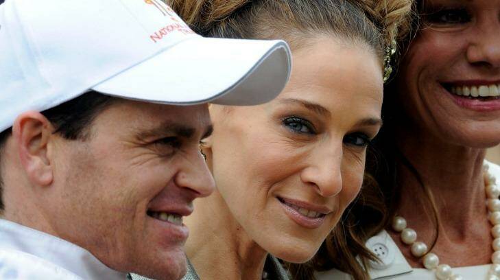 Danny Nikolic with actress Sarah Jessica Parker in November 2011 after winning the Crown Oaks.  Photo: Sebastian Costanzo