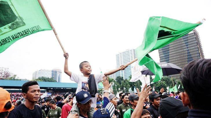 Supporters of Agus Harimurti Yudhoyono  at a rally in Jakarta on February 11. Photo: Jefri Tarigan
