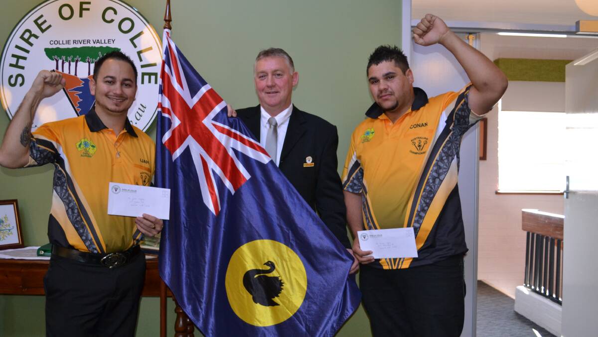 Collie shire president Wayne Sanford presented two cheques to Ijah "Nunga Nyoongar Leprechaun" Coyle and Conan "The Destoyer" Ugle who will represent WA in the Australian dart championships to be held in Adelaide