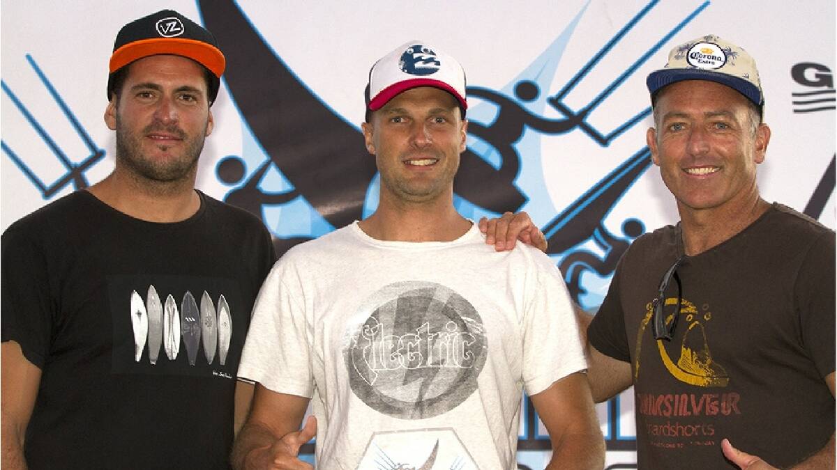 The top three in the Lancelin Ocean Classic’s inaugural kite surfing wave contest. From left Ryland Blakeney (runner-up), Jake Gordon (winner) and Andre Carter (third).