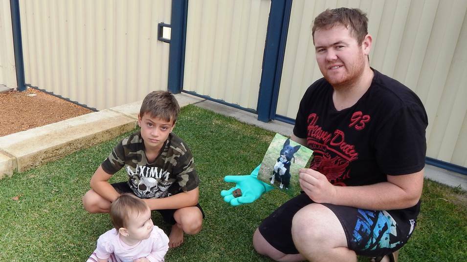 Pet death trauma: Jacob Kenning and Mylee Giles with Aaron Giles in the spot where Aaron discovered a suspicious object in April. The RSPCA has warned pet owners to continue to be on the lookout for poison baits.