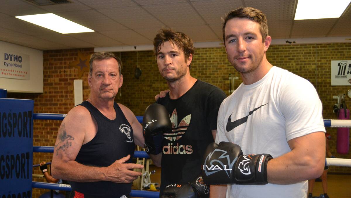 Ready for action: Trainer Tommy Greenwood, 'Lethal' Liam Vernon and sparring partner Tyron Massara.