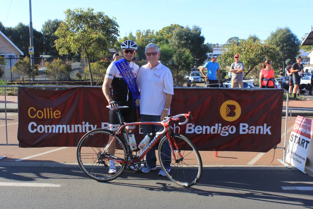 Winner: 2015 Collie Community Bank Collie to Donnybrook and Return cycling classic winner David Wessels with Ian Miffling from the Bendigo Bank. 