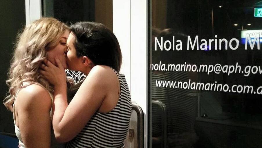 Georgia Simpson and Rhiannon Harrold's kiss outside Federal Member for Forrest Nola Marino's office made an impact on social media. 