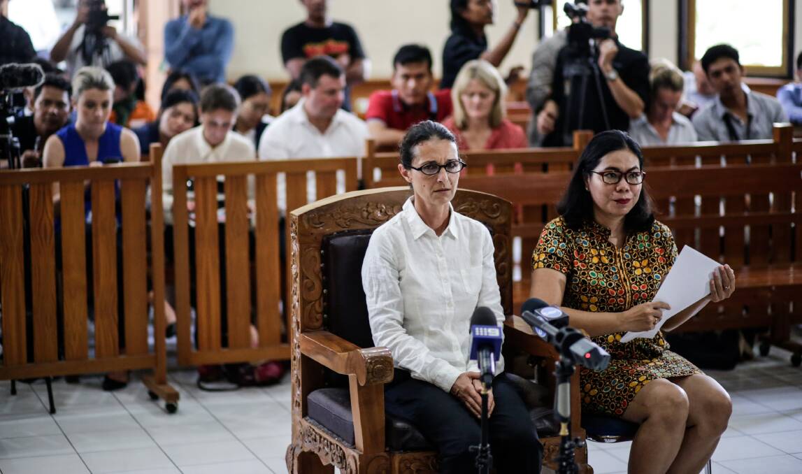 Australian Sarah Connor sits in a court room accompanied by a translator during her trial at Denpasar. Picture: Getty Images