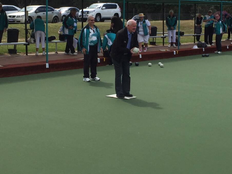 First bowl: Mick Murray opens the Collie Bowls club 2017/2018 season. Photo: supplied.