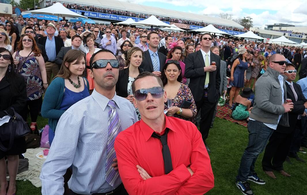 Photo of (L-R) Carmelo Cardillo and Paul Mason attending the Beck Caulfield Guineas Day on Saturday October 13, 2012. Photo: The Sunday Age/Luis Enrique Ascui