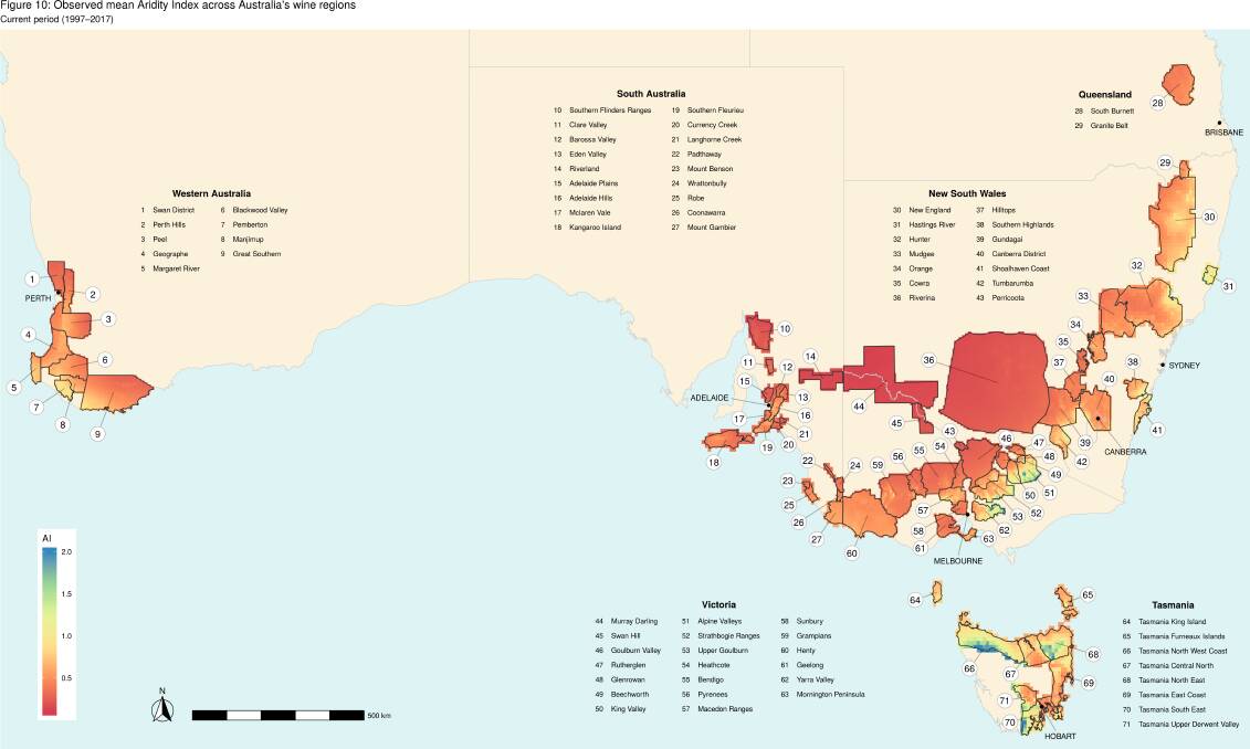 Australias wine future: A Climate Atlas Growing Season Temperature (current period). Picture: University of Tasmania
