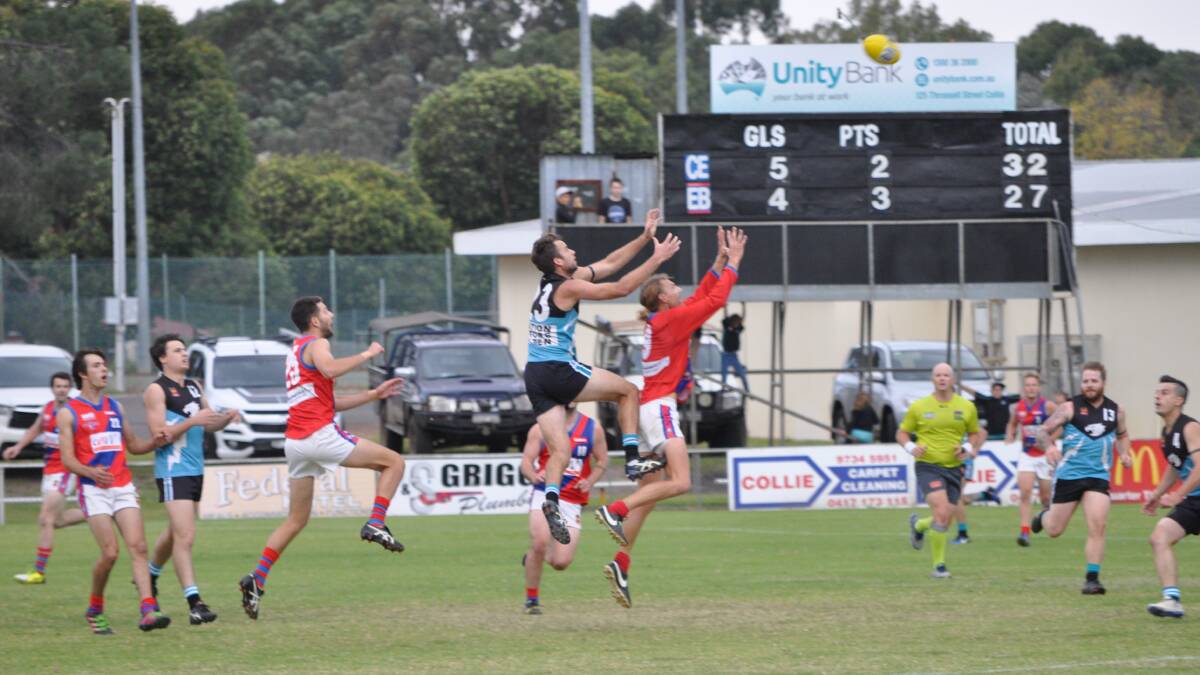 Sky high: Collie Eagles Football Club player Joel Houghton overcame Eaton Boomers' defence during the team's 10.8.68 to 7.10.52 win on Sunday afternoon. Photo: Thomas Munday. 