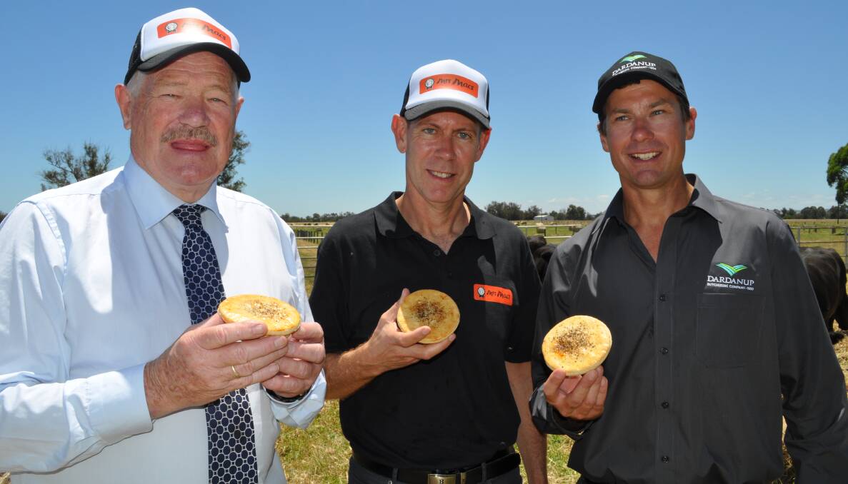 Food frenzy: Collie-Preston MLA Mick Murray, Mrs Macs chief executive officer Paul Slaughter and Dardanup Butchering Company retail sales manager Blake Panizza.