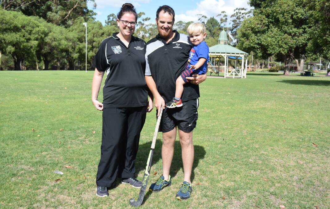 Aiming for victory: Jo, Kevin and Axel Crowe are looking forward to the local and South West hockey competitions in 2017. Photo: Thomas Munday. 