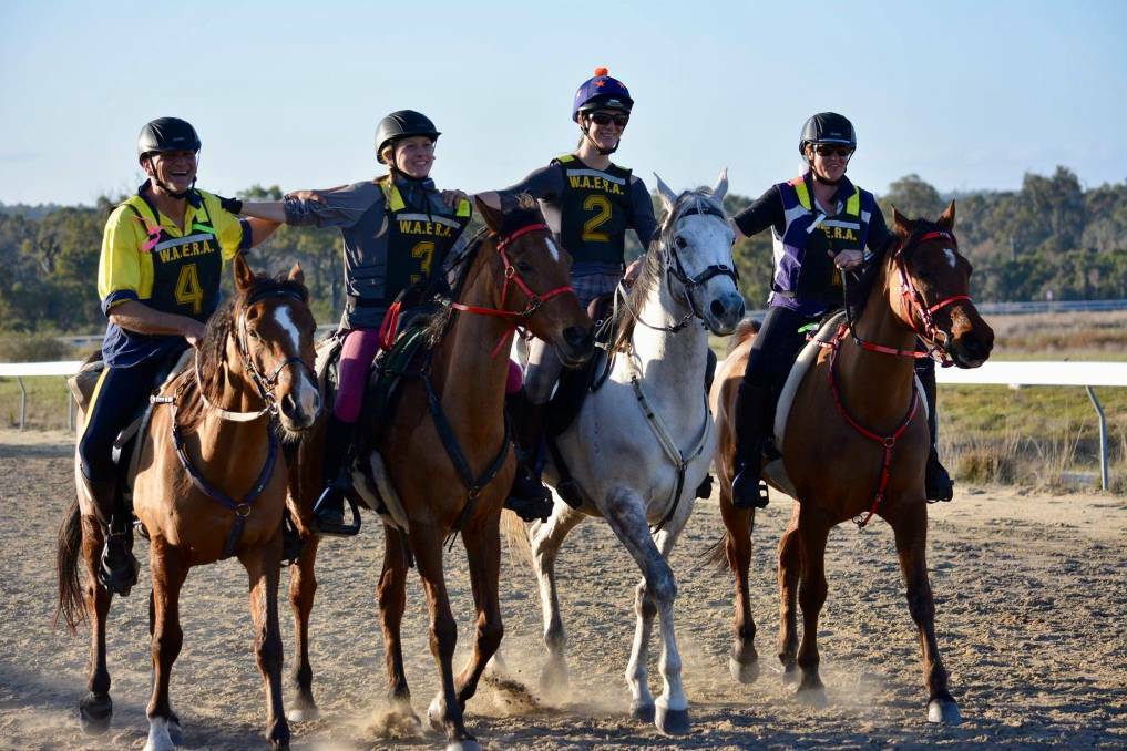  All done: Western Australian Endurance Riders Association riders crossing the line at the Collie racetrack following the completion of a 160km ride. Photo: Terry Jewell
