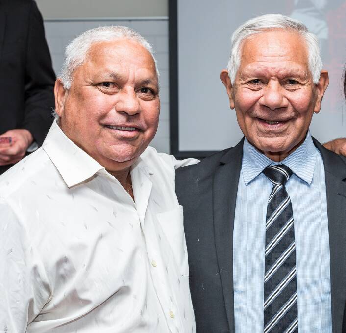 Former Roelands Mission child Francis Khan with two-time AFL Premiership winner Syd Jackson. Photo by Chris de Blank.